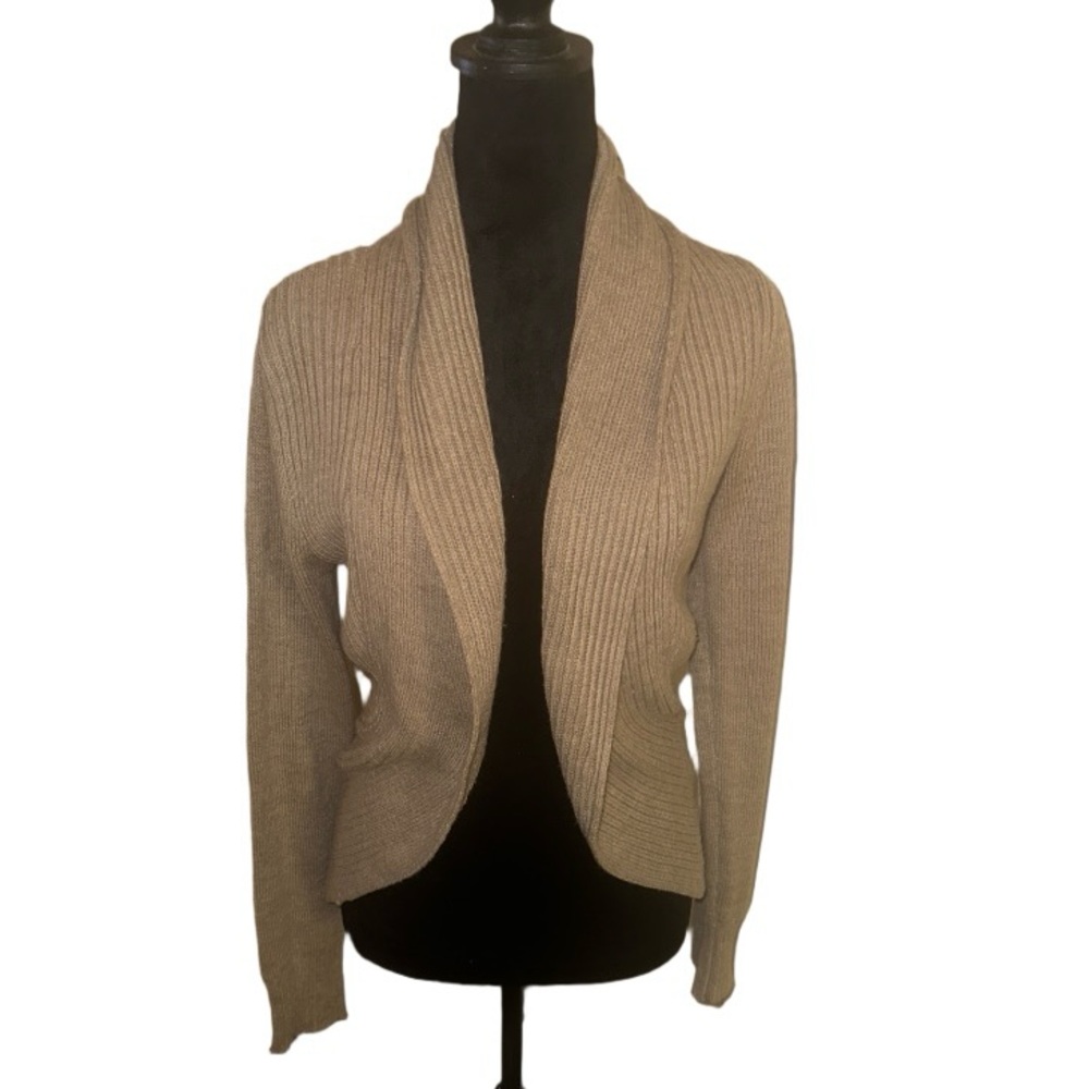 Tan Cardigan Sweater with Shawl Collar and Ribbed Texture